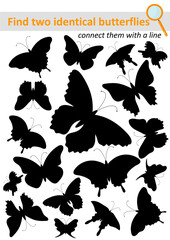 Find two identical butterflies. 
Game for children. Find two items. Education.