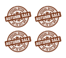 Autumn sale brown grunge stamp set. Special offer up to 25, 35, 45, 55 percent off