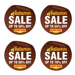 Autumn sale brown stickers set. Sale up to 50%, 55%, 60%, 70% off