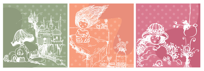 3 vector cute painting line art style on pastel color background. Vector Illustration. File Eps 8