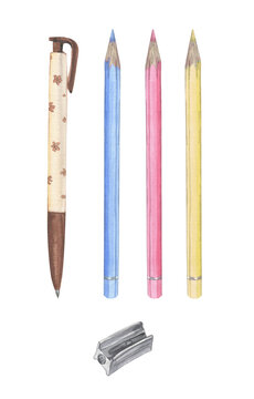 Stationery hand-drawn in watercolor. Pens, pencils isolated on a white background for advertising booklets, postcards, invitations.