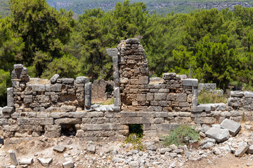 Fototapeta na wymiar Historical ruins in the forest, Phaselis ancient city, Antalya