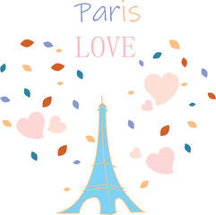 Fototapeta na wymiar Eiffel Tower poster illustration, with autumn leaves and words of love