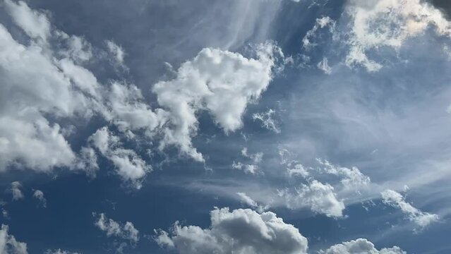 Blue sky with white clouds. Time lapse shooting of cumulus clouds. Background of white clouds. High quality Full HD footage