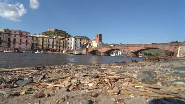 View of the old bridge in Bosa on the Temo River