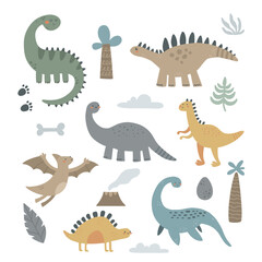 vector cute set of dinosaurs and elements clipart