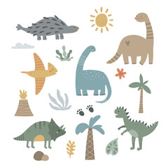 Fototapeta na wymiar vector cute set of dinosaurs and elements clipart