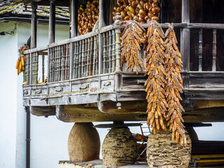 Typical horreo of the northwest of the Iberian Peninsula with corn cobs drying on the terrace