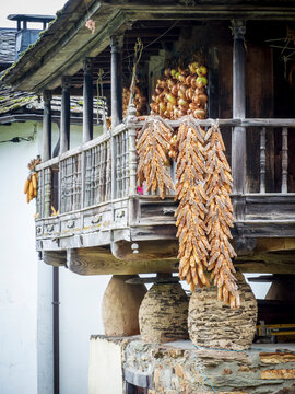 Typical horreo of the northwest of the Iberian Peninsula with corn cobs drying on the terrace