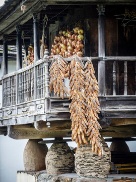 Typical horreo of the northwest of the Iberian Peninsula with corn cobs drying on the terrace