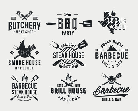 Barbecue logo set. Set of 9 bbq logo templates for BBQ, Butchery, Restaurant, Cooking class, Grill emblems. Trendy vintage hipster design. Vector illustration