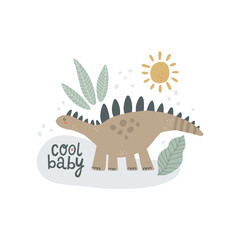 cute vector concept with dino and leaves