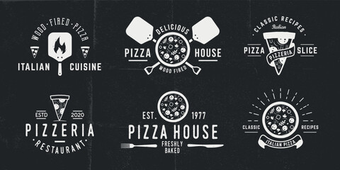 6 Pizza logo, emblems, posters for pizzeria and bakery. Pizza logos with pizza, chef, oven, fire icons. Pizza, Bakery and Restaurant emblems templates. Grunge texture. Vector illustration - obrazy, fototapety, plakaty