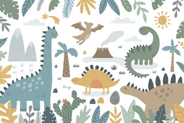 vector landscape wallpaper design with cute dinos - 524117558
