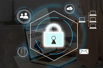 Digital padlock icon, cyber security network and data protection technology on virtual interface screen. Online internet authorized access against cyber attack.and business data privacy concept