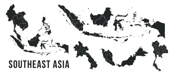 Naklejka premium Southeast Asia map templates. Indonesia, Malaysia, Thailand and Laos map isolated on white background. Southeast Asia maps set. Vector illustration 