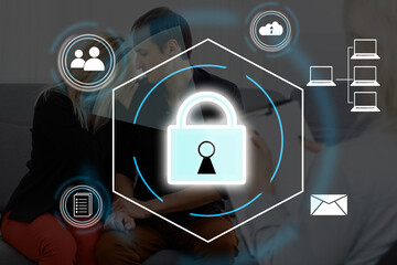 Digital padlock icon, cyber security network and data protection technology on virtual interface...