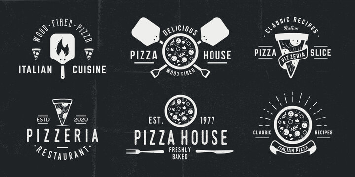 6 Pizza logo, emblems, posters for pizzeria and bakery. Pizza logos with pizza, chef, oven, fire icons. Pizza, Bakery and Restaurant emblems templates. Grunge texture. Vector illustration
