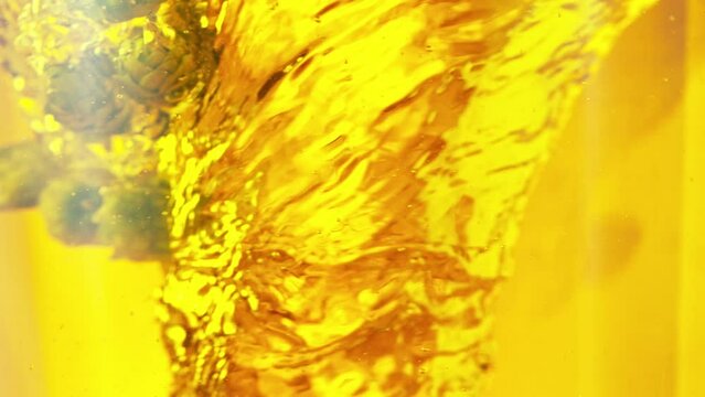 Super slow motion of rotating fresh hops cones in water. Underwater shot. Filmed on high speed cinema camera, 1000 fps.