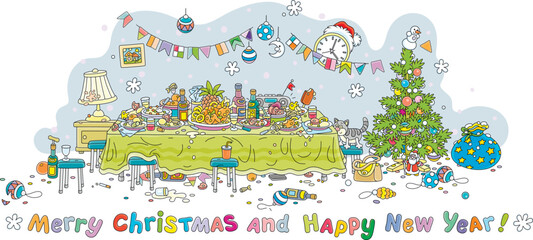 After a joyous New Year celebration with a decorated Christmas tree, funny, noisy and slightly drunk guests at a festive table with various drinks and tasty food, vector cartoon greeting card