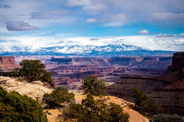 A The Colorado River canyon and the La Sal Mountains