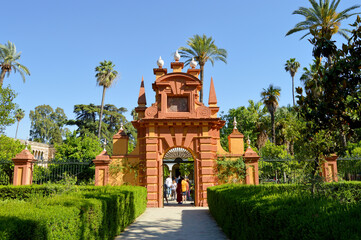 Jardín de las Damas. Entrada al Jardín del Cenador o Jardín del León. Jardines del Alcázar de Sevilla, Andalucía, España