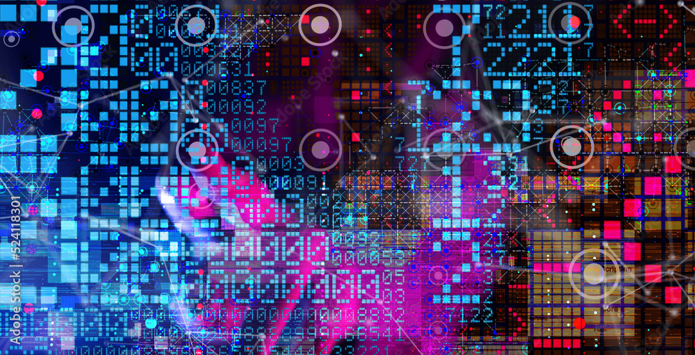 Poster Neural network 3D illustration. Big data and cybersecurity