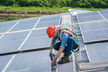 Electrical and instrument technician installation and maintenance electric system solar panel on the roof of factory,Service check installation solar cell.