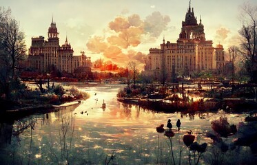 Obraz premium Medieval city with beautiful waterfront.