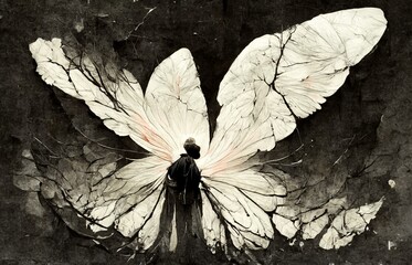 The back of a man with what appears to be butterfly wings.