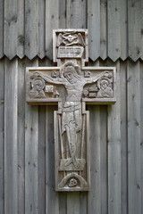 In old cemetery of Uusi Valamo orthodox monastery in Finland: chapel, crosses, orthodox tradition.