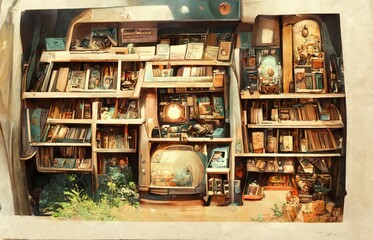 An illustration of a bookshelf lined with old goods.