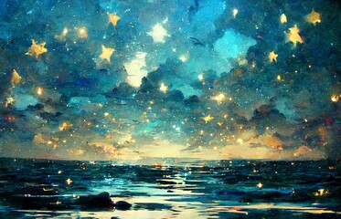 Fototapeta na wymiar A blue starry sky and the midnight sea.