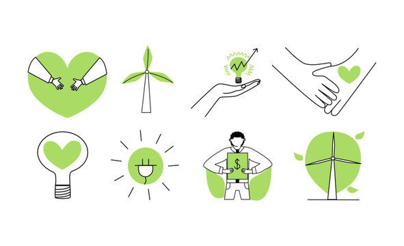 A set of conceptual icons on the theme of ESG. Sustainable environment green icons set with hands, windmill, energy, man.
