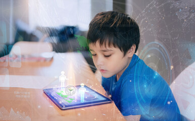 Kid using tablet research on internet about world population,Ecology or Environmental,School Boy doing online learning,Geography with Double exposure robots and growth leaf on globe map on screen