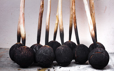 View of burnt coconut filled with sweet stuffing which is a traditional ritual done in Tamil Nadu,...