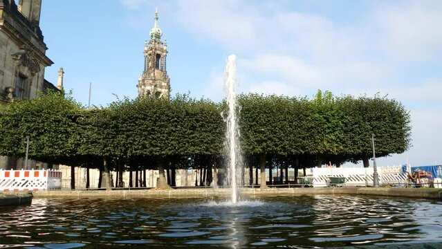 Dresden Castle or Royal Palace and Cathedral from Bruehl's Terrace . Travel and sights of city breaks. landmarks, travel guide Europe. Frauenkirche in Dresden, Germany