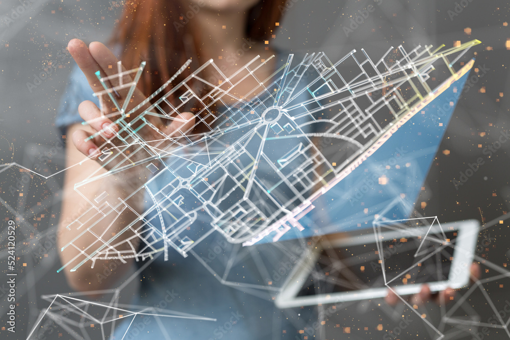 Poster Neural network 3D illustration. Big data and cybersecurity
