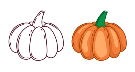 Pumpkin icons are colored and contoured in black and white. Halloween pumpkin, for plotter and coloring. Vector illustration