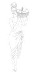 Silhouette of a beautiful girl. The lady is holding a basket of apples and oranges. Woman in modern one line style. Solid line, decor outline, posters, stickers, logo. Vector illustration.