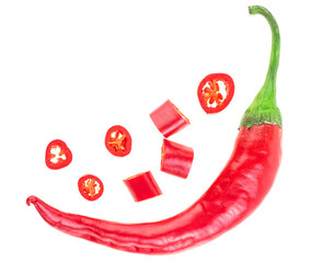 Red chili pepper with slices isolated on a white background, top view.