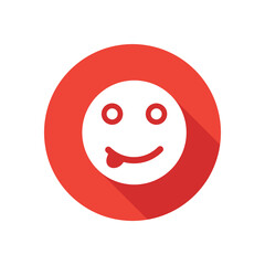 Tongue out face emoji flat icon, round button in long shadow style.