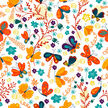 Cute background butterflies and flowers seamless pattern. Vector illustration. Summer floral repeat background for fabrics or wallpapers.