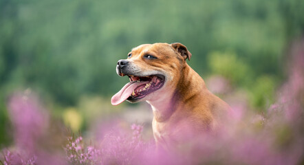 Staffordshire bull terrier outdoors in nature laying in pink heather creating a nice bokeh effect....