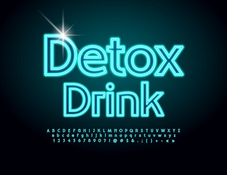 Vector trendy sign Detox Drink. Neon Alphabet Letters, Numbers and Symbols set. Glowing bright Font