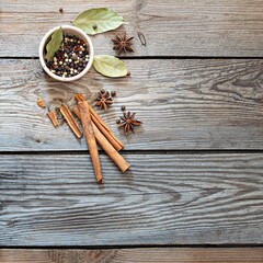 Traditional Christmas spices for cooking and drink (mulled wine) on a wooden background with fir branches. Festive atmosphere, copy space.