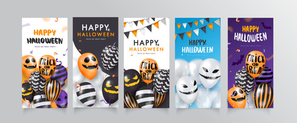 Collection Template banner with 3d balloons with faces. Happy Halloween