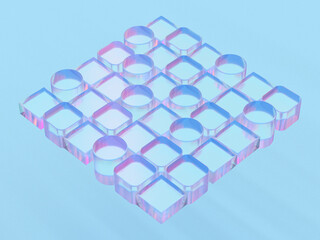 3D rendered illustration of transparent objects. Composition with glass elements. Visualization for abstraction and assembly.