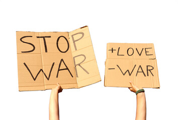 Two Cardboard Signs saying more love, less war and Stop War held by hands on a white background
