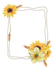 Watercolor golden frame with sunflowers bouquet, spikelets of wheat, daffodils. Floral spring autumn geometric. For T-shirt, posters, postcards, magazines, advertising, wedding stationery, packaging